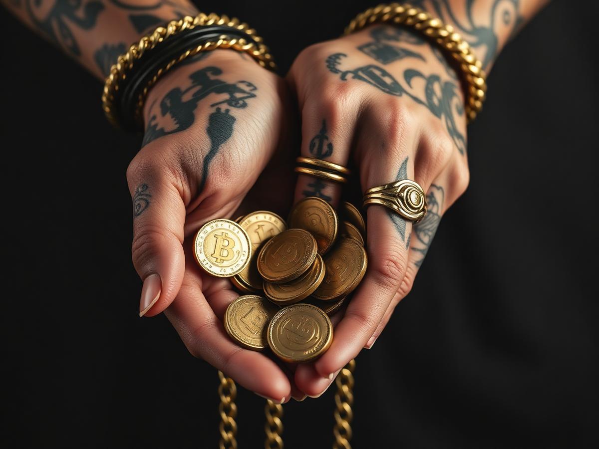 Tattooed hands with gold coins